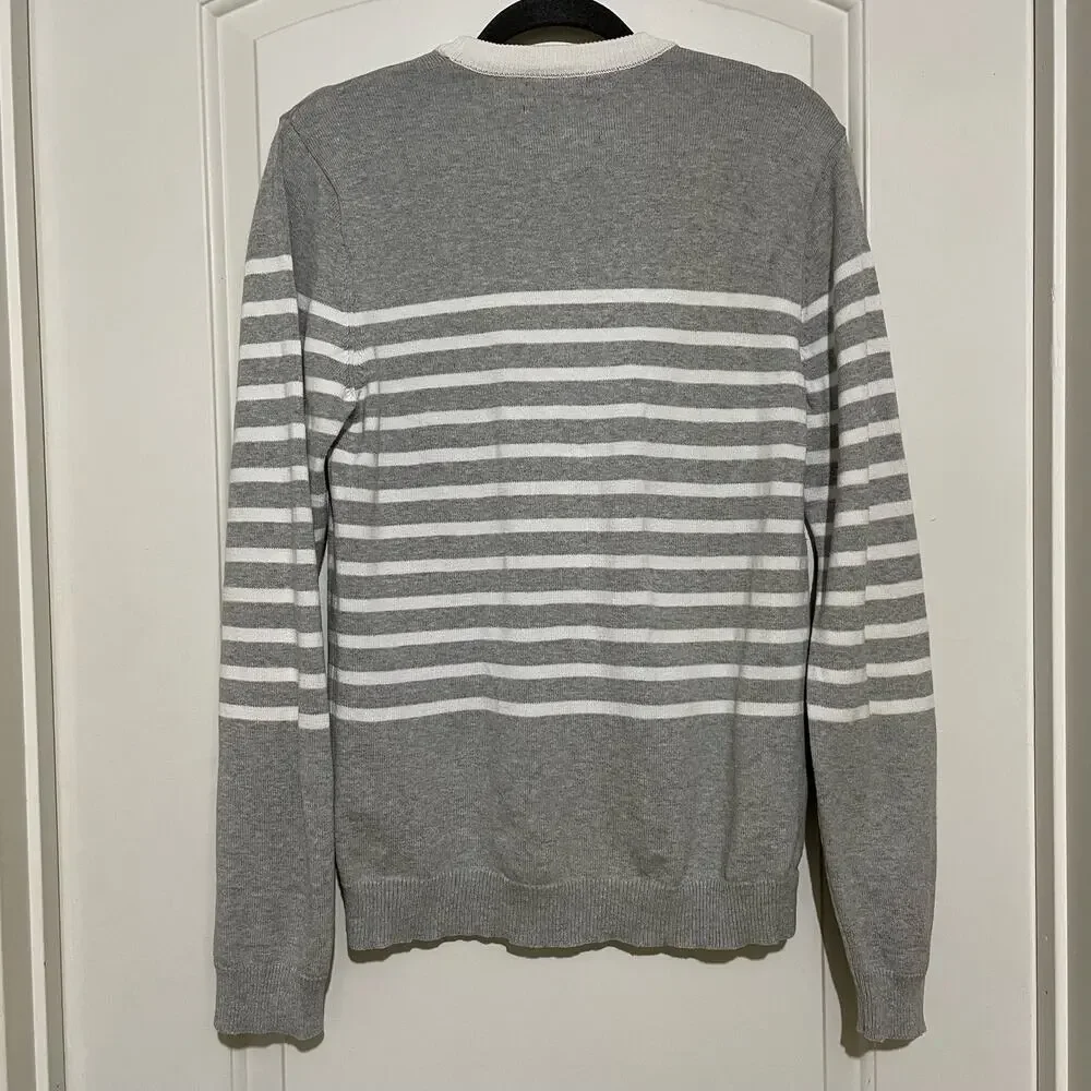Vintage American Rag Gray White Striped Cardigan Button Up Medium Academia Ivy